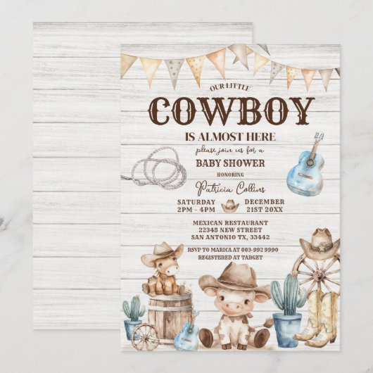 Wood Our Little Cowboy Wild West Boy Baby shower Kaart (Voorkant / Achterkant)