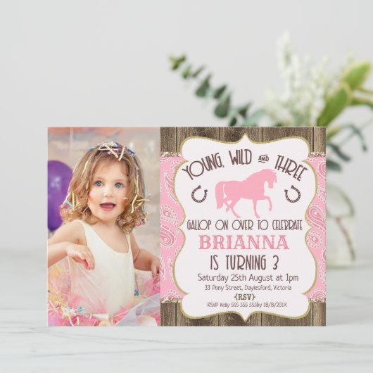 Wood Paisley Glitter Horse 3rd Birthday Invitation Kaart (Staand voorkant)