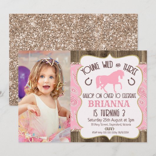 Wood Paisley Glitter Horse 3rd Birthday Invitation Kaart (Voorkant / Achterkant)