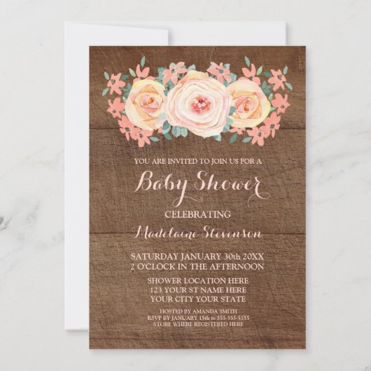 Wood Peach Waterverf Floral Baby shower Kaart (Achterkant)