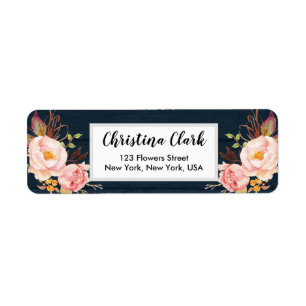 Wood Peony Floral Navy Aangepast adres Etiket