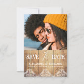 Wood Photo Lace Effect Whimsical Typography Save The Date (Voorkant)