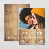 Wood Photo Lace Effect Whimsical Typography Save The Date (Voorkant / Achterkant)