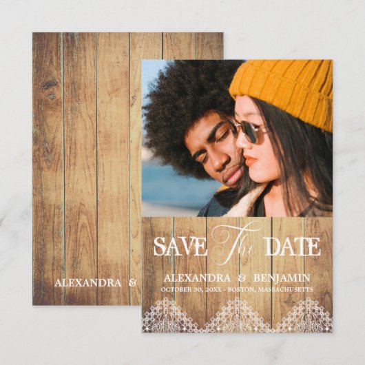 Wood Photo Lace Effect Whimsical Typography Save The Date (Voorkant / Achterkant)