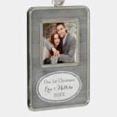 Wood Rustic First Kerstfeestespernament Verzilverd Omlijst Ornament (Rechts)