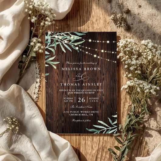 Wood Rustic String Light Country QR Code Wedding Kaart