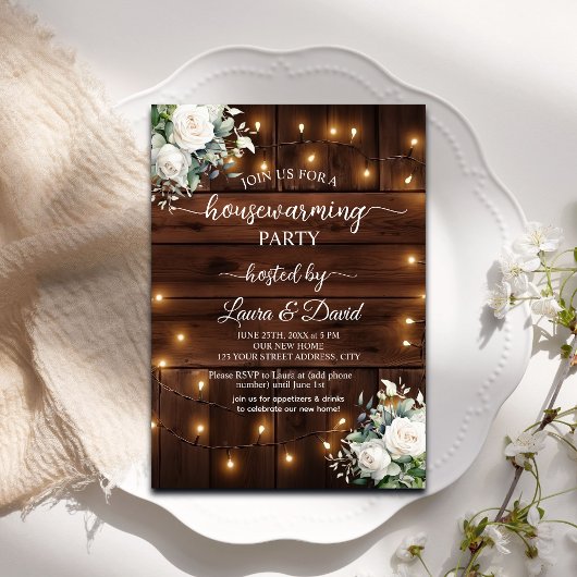 Wood Rustic String Lights Housewarming Party Kaart