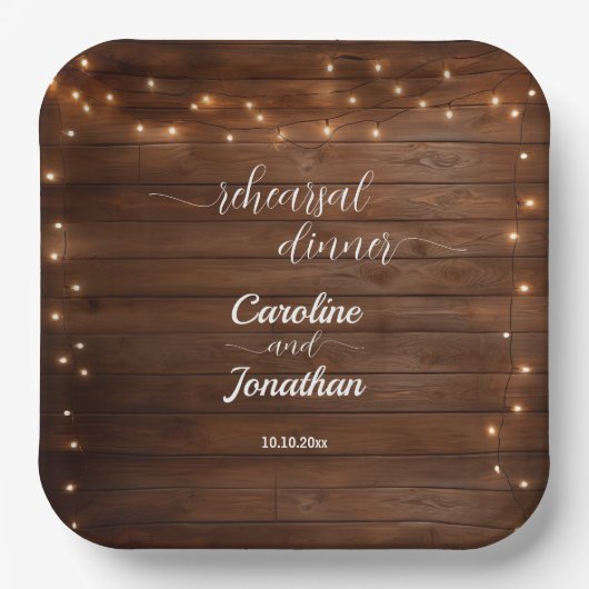Wood Rustic String Lights Repetitie Diner Trouwen Papieren Bordje (Voorkant)