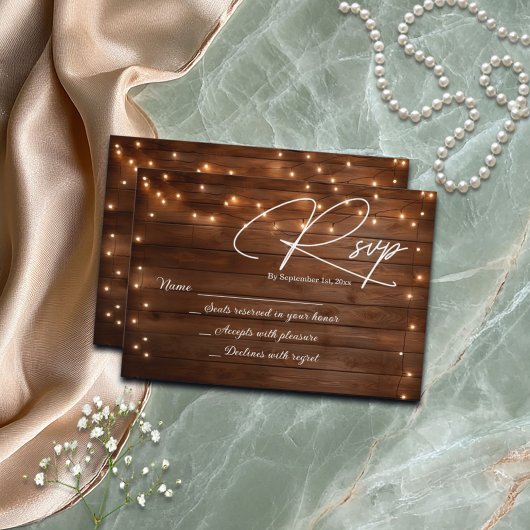 Wood Rustic String Lights Wedding RSVP Kaartje