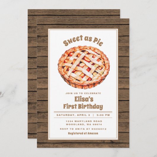 Wood Rustic Sweet als Pie Party Verjaardag uitnodi Kaart (Voorkant / Achterkant)