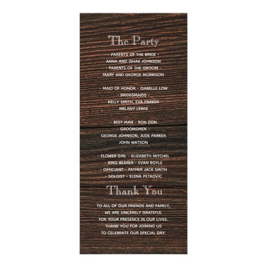 Wood Rustic Wedding Programme Reclamekaart (Achterkant)