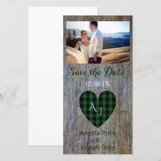 Wood Rustic Wedding Save the Date Geplaagd Hart (Voorkant / Achterkant)