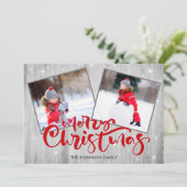 Wood script Kerst 2 Foto Feestdagenkaart (Staand voorkant)