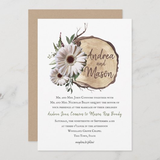 Wood Slice Daisy Wedding Invitation Kaart (Voorkant / Achterkant)