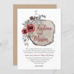 Wood Slice Marsala Red Wine Roos Rustic Wedding Kaart