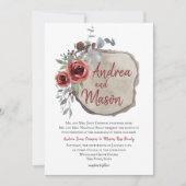 Wood Slice Marsala Rode Wijn Roos Rustiek Huwelijk Kaart (Voorkant)