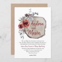 Wood Slice Marsala Rode Wijn Roos Rustiek Huwelijk Kaart