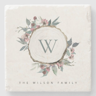 WOOD SLICE PINK BOTANICAL MONOGRAM FAMILIM NAME STENEN ONDERZETTER