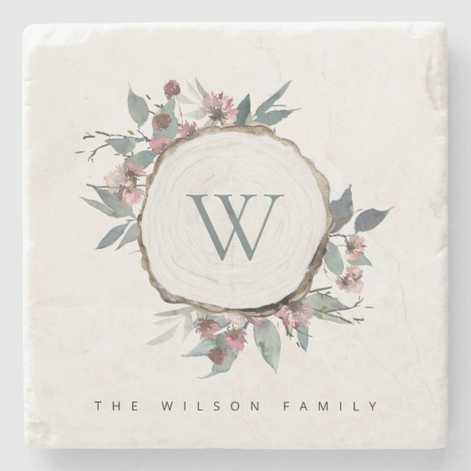 WOOD SLICE PINK BOTANICAL MONOGRAM FAMILIM NAME STENEN ONDERZETTER (Voorkant)