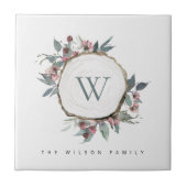WOOD SLICE PINK BOTANICAL MONOGRAM FAMILIM NAME TEGELTJE (Voorkant)
