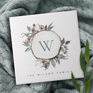 WOOD SLICE PINK BOTANICAL MONOGRAM FAMILIM NAME TEGELTJE