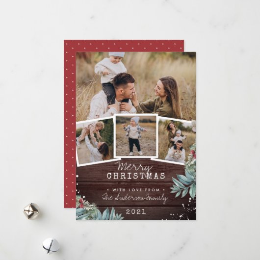 Wood Sneeuw Kerst 4 Foto Collage Feestdagenkaart (Voorkant / Achterkant in situ)