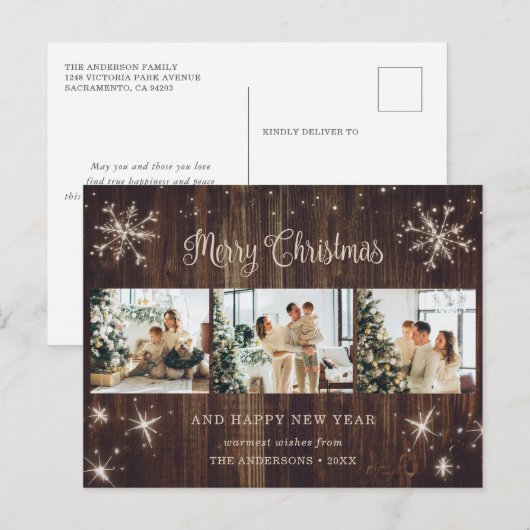 Wood Snowflake 3 Fotocollage Feestdagenkaart (Voorkant / Achterkant)