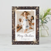 Wood Sparkly Snowflake Fotokerstkaarten Feestdagenkaart (Staand voorkant)