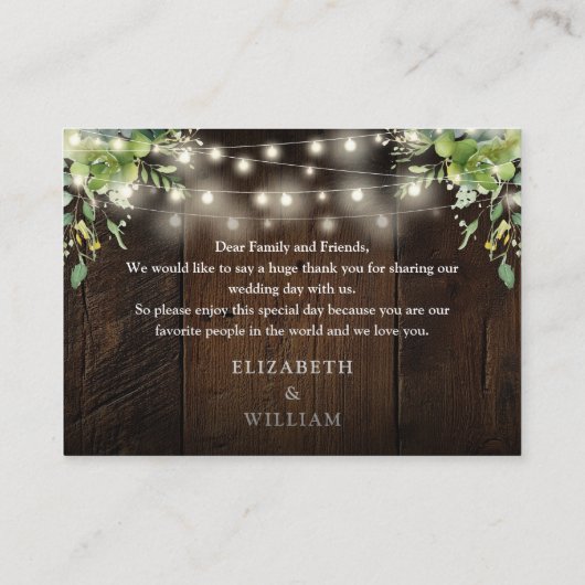 Wood String Lights Greenery Wedding Dank u Plaatskaartje (Achterkant)
