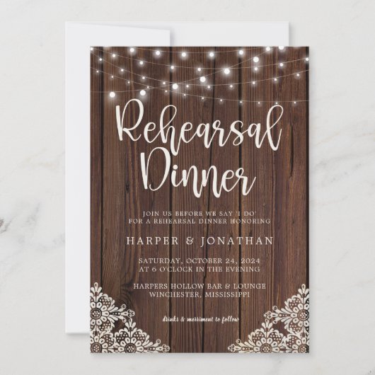 Wood String Lights Lace Wedding Rehearsal Dinner Kaart (Voorkant)