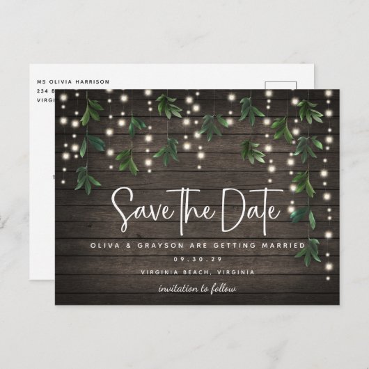 Wood String Lights Script Wedding Save the Date Briefkaart (Voorkant / Achterkant)