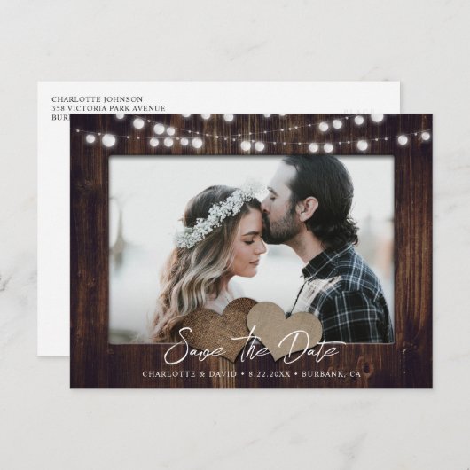 Wood String Lights Trouwfoto Bewaar de datum Aankondigingskaart (Voorkant / Achterkant)
