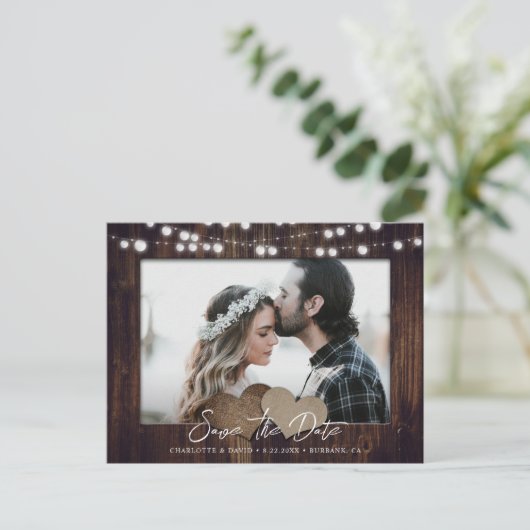 Wood String Lights Trouwfoto Bewaar de datum Aankondigingskaart (Staand voorkant)