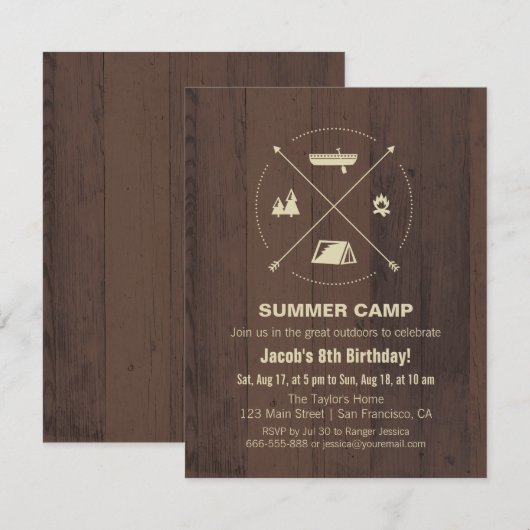 Wood Summer Camp Verjaardagsfeestje Uitnodigingen (Voorkant / Achterkant)