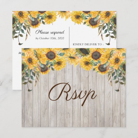 Wood Sunflower Country Wedding RSVP Briefkaart (Voorkant / Achterkant)
