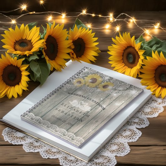 Wood Sunflower Lace String Light Wedding Guestbook Notitieboek