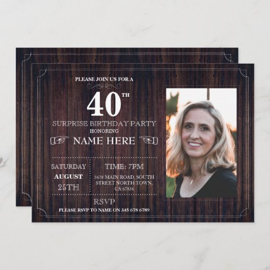 Wood Surprise Verjaardagsfeest 40e nodigt elke lee Kaart (Voorkant / Achterkant)