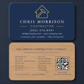 Wood Texture Navy Blue Contractor QR Code Visitekaartje