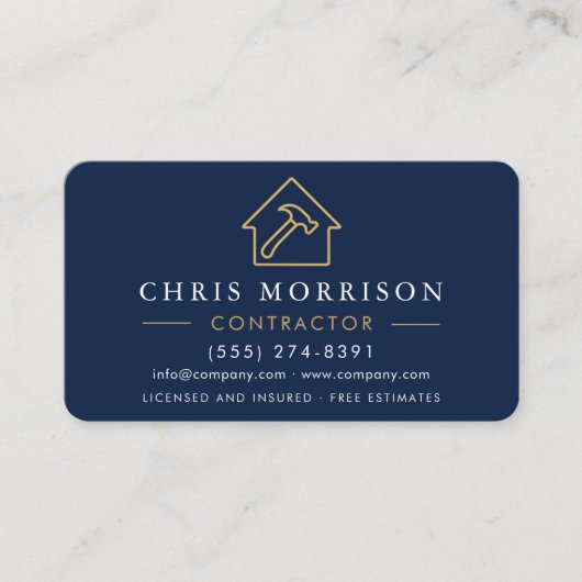 Wood Texture Navy Blue Contractor QR Code Visitekaartje (Voorkant)