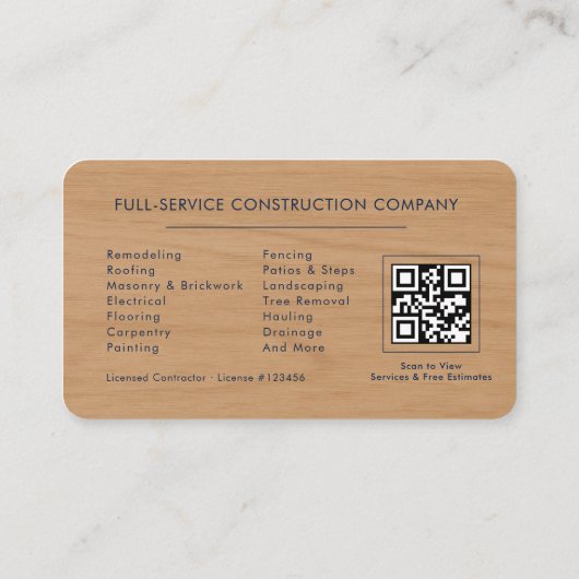 Wood Texture Navy Blue Contractor QR Code Visitekaartje (Achterkant)