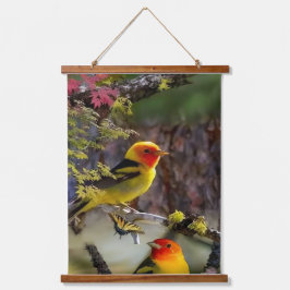 Wood Topped Wall Tapestry Golden Songbirds and Red Hangend Wandkleed