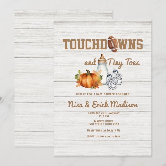Wood Touchdown Tiny Toes Autumn Boy Baby shower Kaart (Voorkant / Achterkant)
