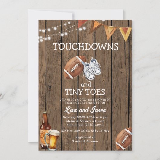 Wood Touchdown Tiny Toes Football Baby shower Kaart (Voorkant)