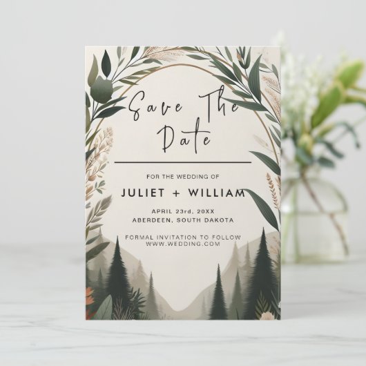 Wood Tree Forest rustieke schuur Boerderij boog br Save The Date (Staand voorkant)