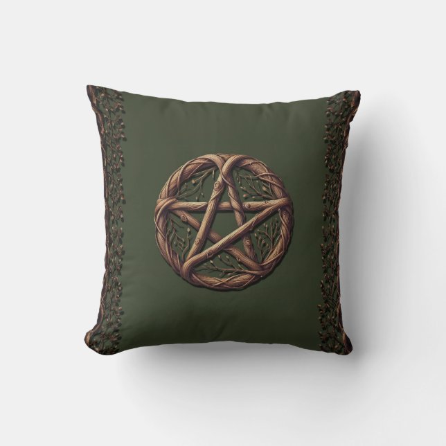 Wood Twig Pentacle Olive Green Wiccan Kussen (Voorkant)