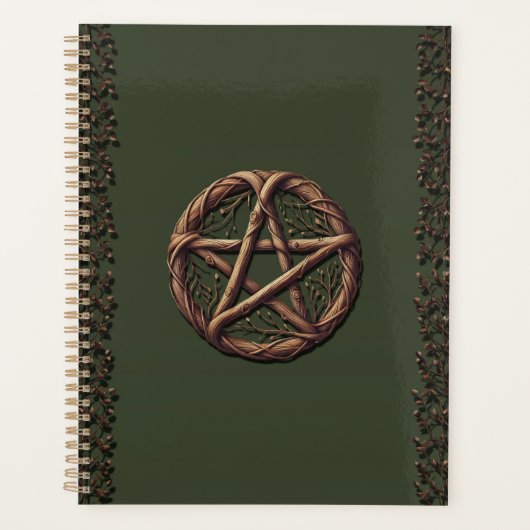 Wood Twig Pentacle Olive Green Wiccan Planner (Voorkant)