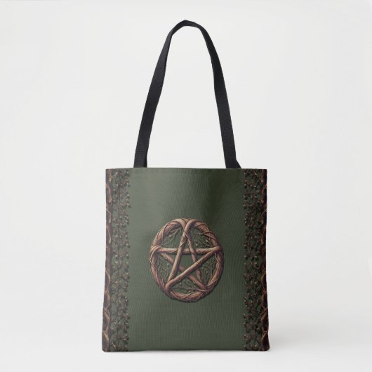 Wood Twig Pentacle Olive Green Wiccan Tote Bag (Voorkant)