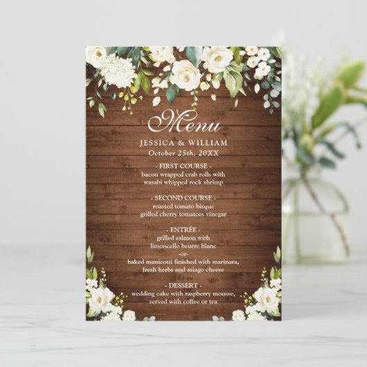 Wood- & White Rose Rustic Menu Bigdenmenu Kaart (Staand voorkant)