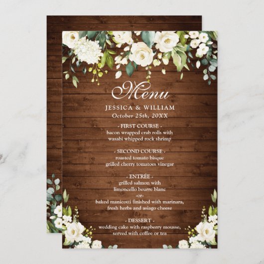 Wood- & White Rose Rustic Menu Bigdenmenu Kaart (Voorkant / Achterkant)