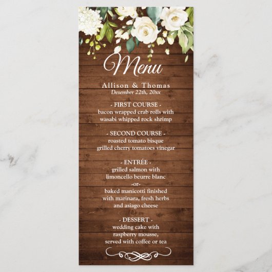 Wood & White Rose Rustieke Bloemenbruiloft Menu Ka (Voorkant)
